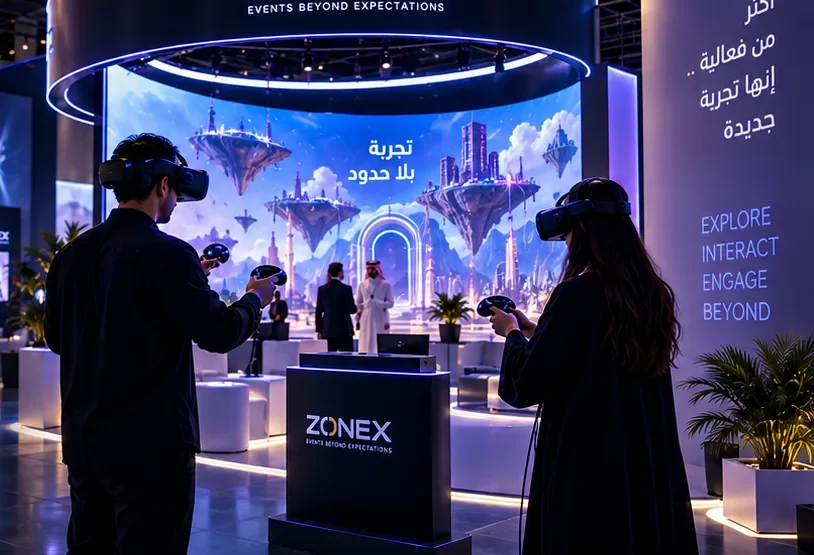 زوار يجربون نظارات الواقع الافتراضي في تجربة VR بإحدى الفعاليات