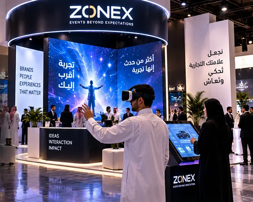 Visitor trying an interactive experience and touch screen inside an exhibition stand